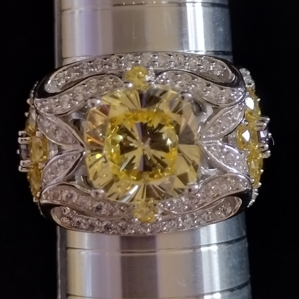 Yellow and White Cubic Zirconia with Flower Accent Ring Size 10 item #013